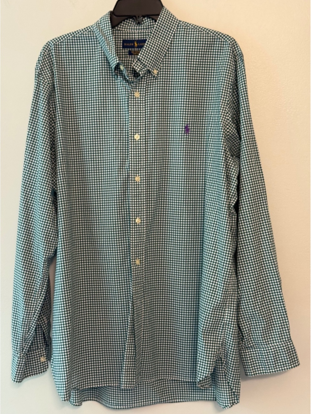 Ralph Lauren Men's Green and White Check Stretch Cotton Button-Down Shirt XL - Picture 2 of 4